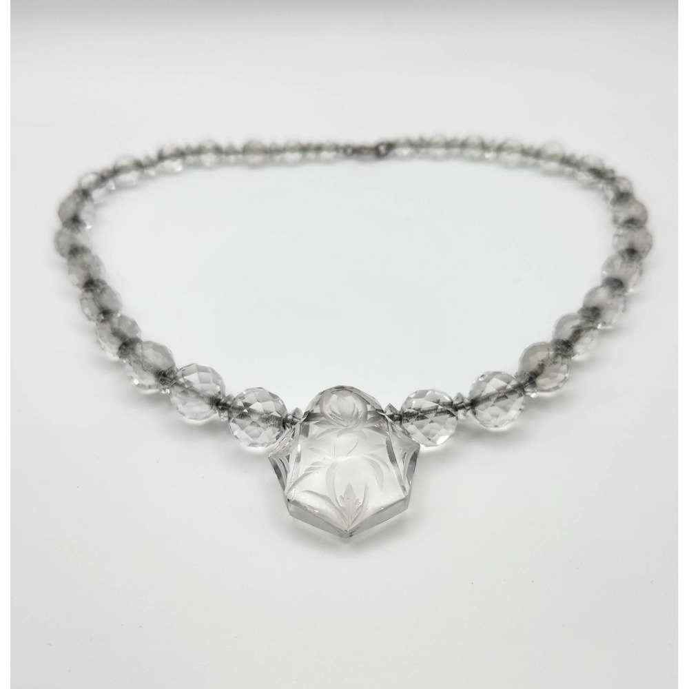 Vintage Crystal Necklace Carved Pendant Faceted Bead Choker
